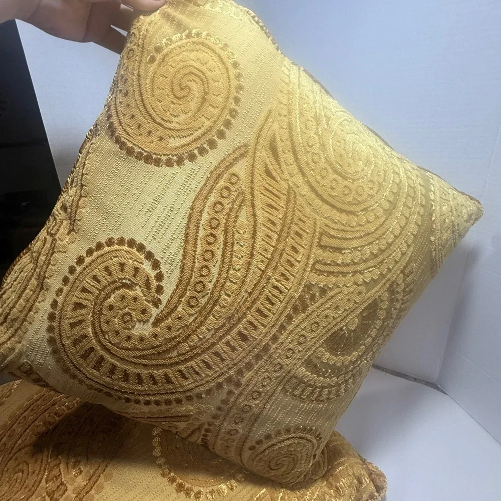 Pier 1 Imports Gold Velvet Paisley Throw Pillows Set of 2 Square 17in Accent